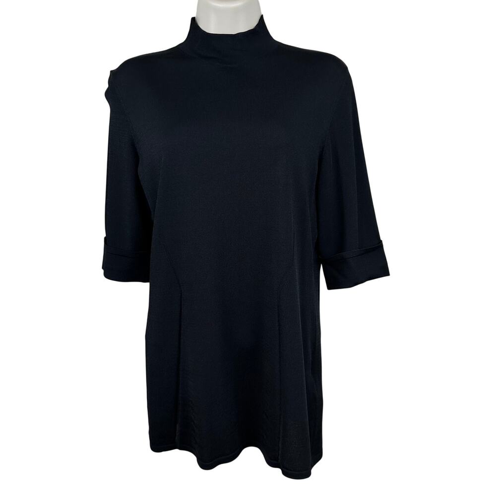 Escada Knit Sweater Mock Neck Short Sleeve Lightweight Black Medium Quiet Luxury